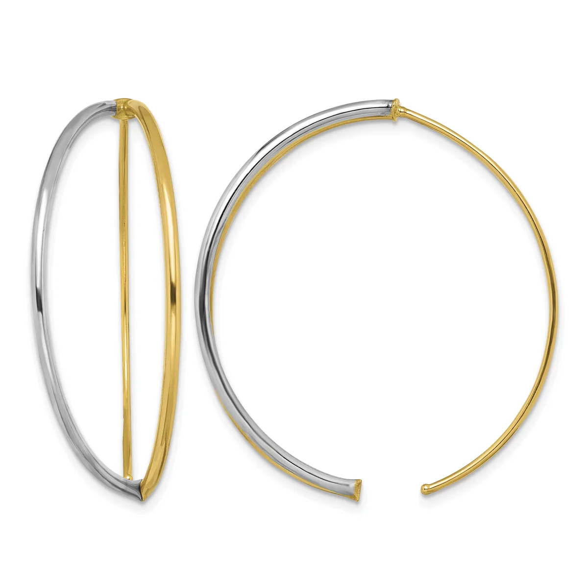 Two-tone hoop earrings with silver outer bands and gold inner bands, shown open and closed positions.