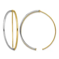 Two-tone hoop earrings with silver outer bands and gold inner bands, shown open and closed positions.