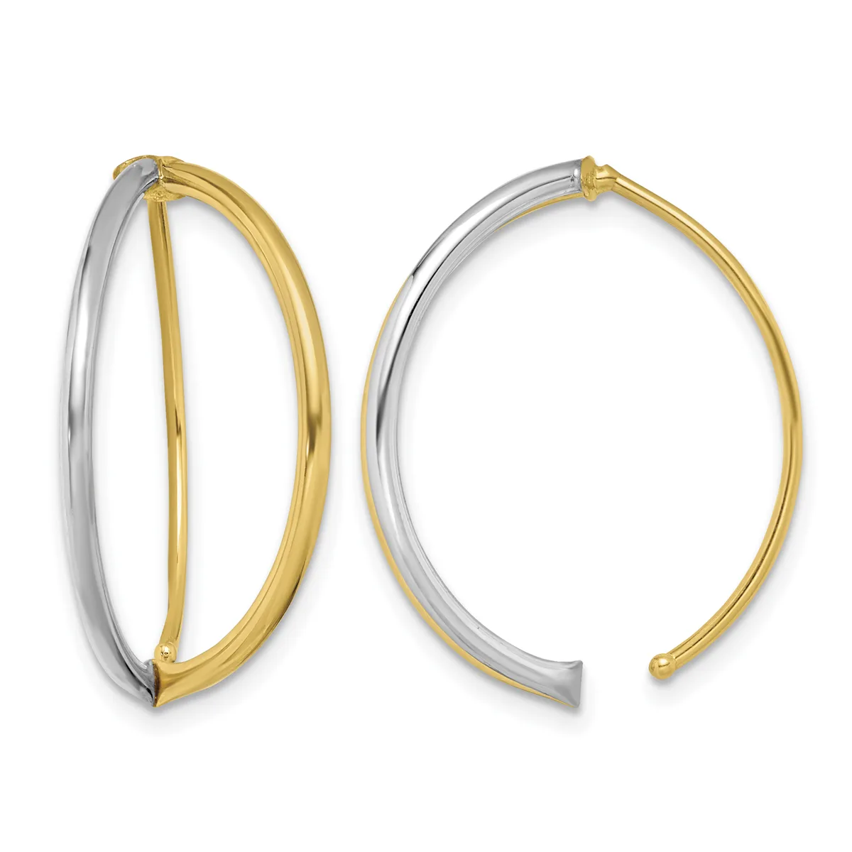 Two oval bangle bracelets with two-tone design featuring polished yellow gold inner surfaces and brushed silver outer surfaces.