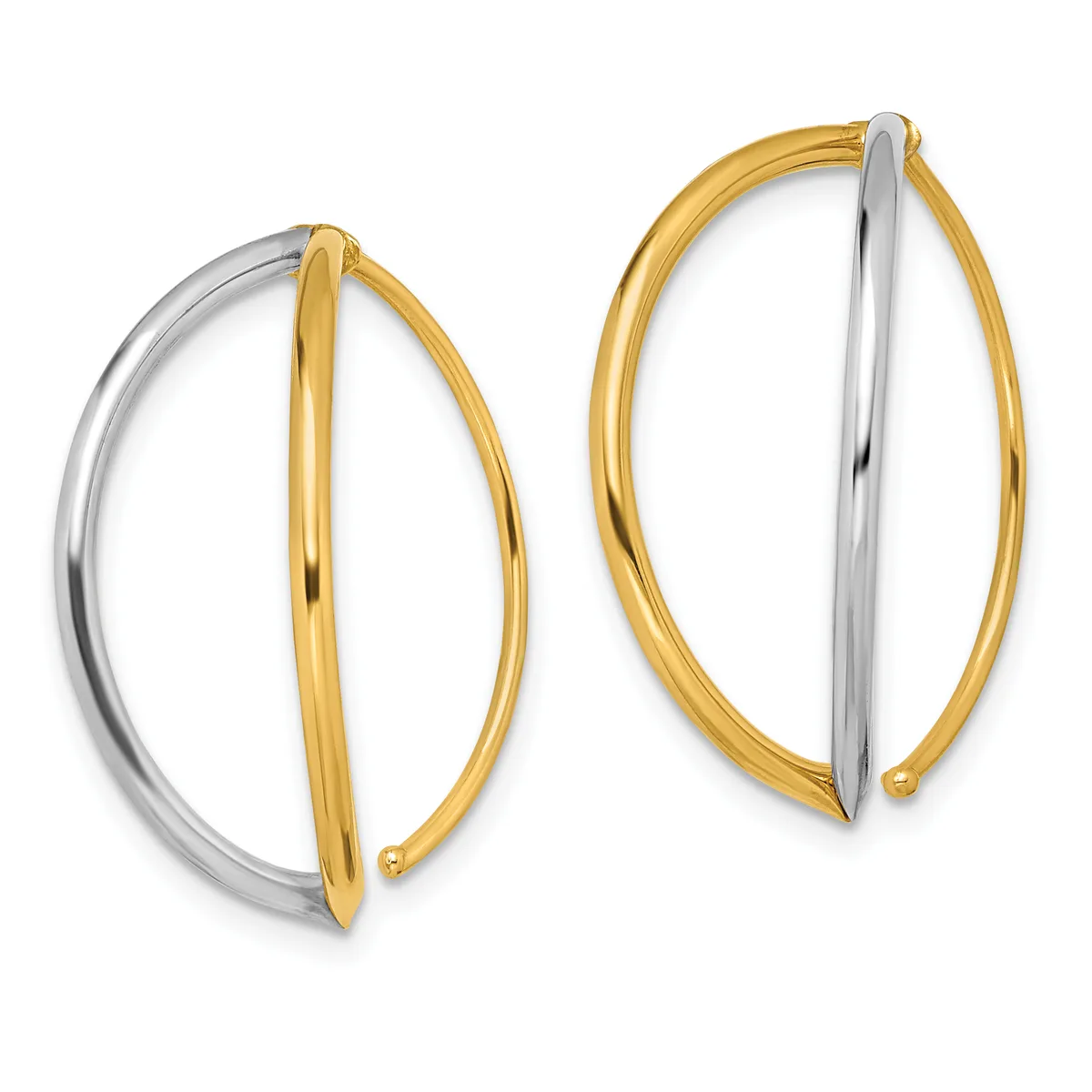 Two pairs of oval hoop earrings in two-tone gold and silver metal, displayed side by side.