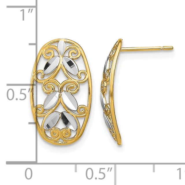 Two-tone gold oval filigree earrings with scrollwork design and rhodium-plated accents, shown front and side view with scale ruler.