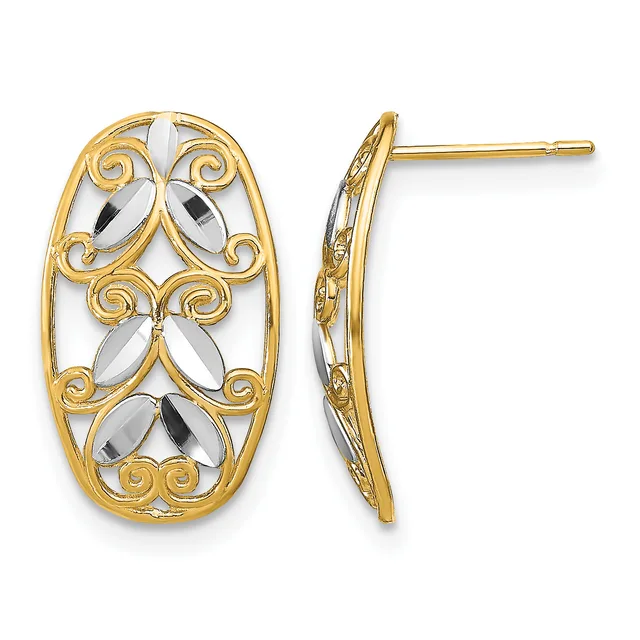 Pair of gold and silver two-tone oval filigree earrings with ornate scrollwork designs and post backs, shown from front and side views.