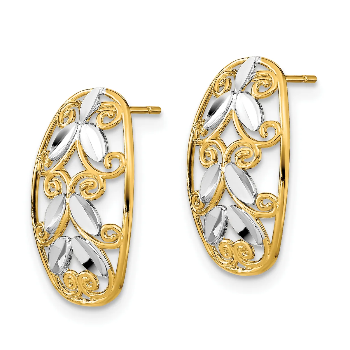 Pair of two-tone gold hoop earrings with ornate scrollwork design and rhodium-plated white gold leaf motifs, shown from the front.