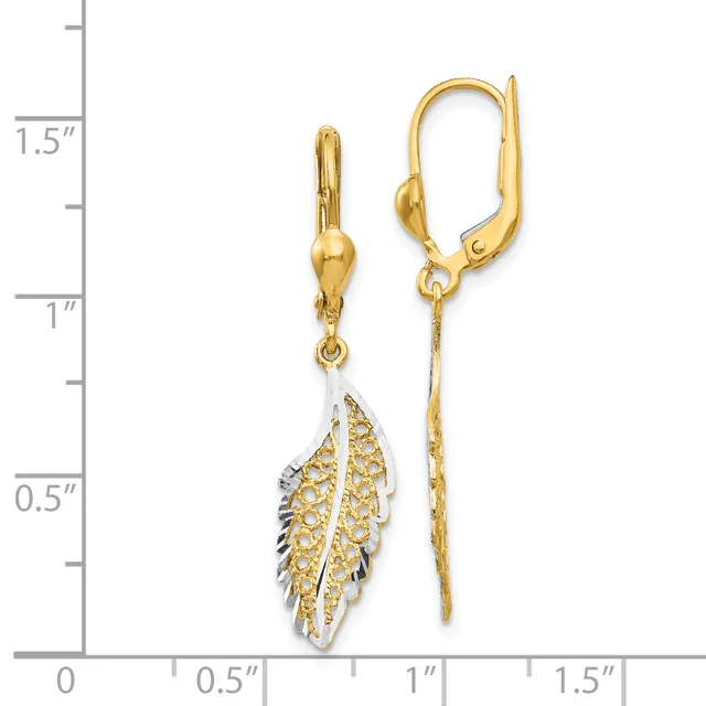 Gold leaf-shaped dangle earrings with textured surfaces and lever backs, displayed against a measurement scale showing approximately 1.25 inches in length.