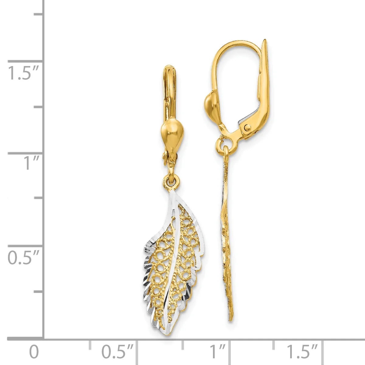 Gold leaf-shaped dangle earrings with textured surfaces and lever backs, displayed against a measurement scale showing approximately 1.25 inches in length.
