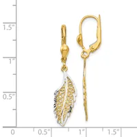Gold leaf-shaped dangle earrings with textured surfaces and lever backs, displayed against a measurement scale showing approximately 1.25 inches in length.