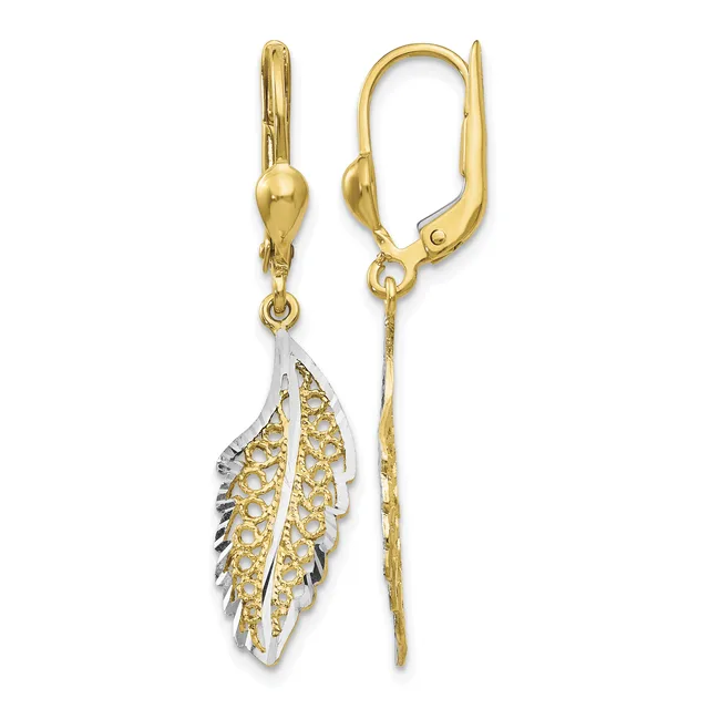 Pair of gold leverback earrings with filigree leaf-shaped pendants featuring openwork detailing in two-tone gold.