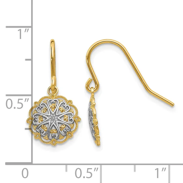 Pair of two-tone gold filigree earrings with circular medallion pendants and fish hook wires, shown next to a ruler measuring approximately one inch in length.