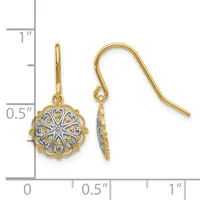 Pair of two-tone gold filigree earrings with circular medallion pendants and fish hook wires, shown next to a ruler measuring approximately one inch in length.