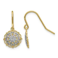 Pair of two-tone gold filigree drop earrings with ornate circular pendants and curved French wire hooks.
