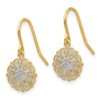 Pair of two-tone gold filigree drop earrings with ornate circular pendants featuring openwork designs, suspended from curved ear wires.