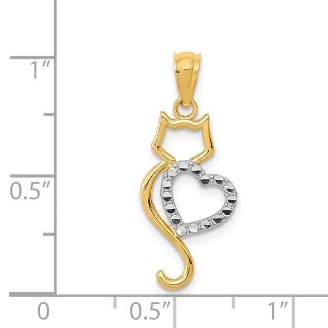 Two-tone gold cat pendant with textured heart charm, shown against a measurement scale indicating approximately one inch in length.