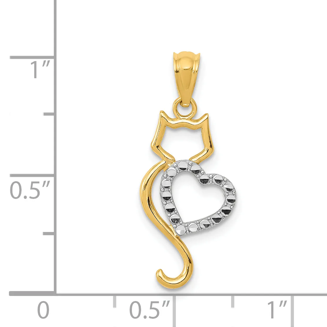 Two-tone gold cat pendant with textured heart charm, shown against a measurement scale indicating approximately one inch in length.