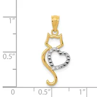 Two-tone gold cat pendant with textured heart charm, shown against a measurement scale indicating approximately one inch in length.