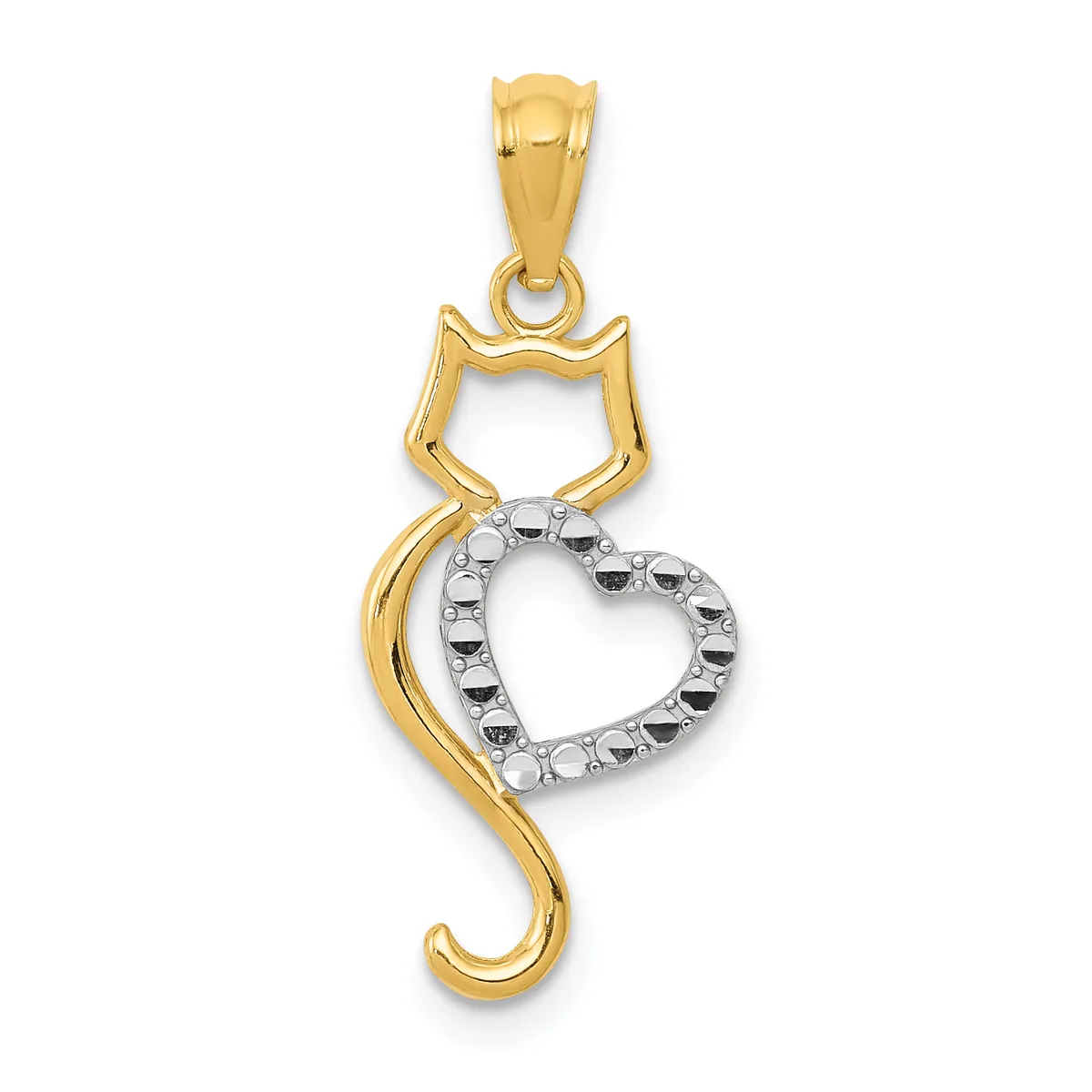 A two-tone gold pendant featuring a cat's head outline in yellow gold above a heart shape in white gold with a textured surface, suspended from a yellow gold bail.