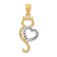 A two-tone gold pendant featuring a cat's head outline in yellow gold above a heart shape in white gold with a textured surface, suspended from a yellow gold bail.