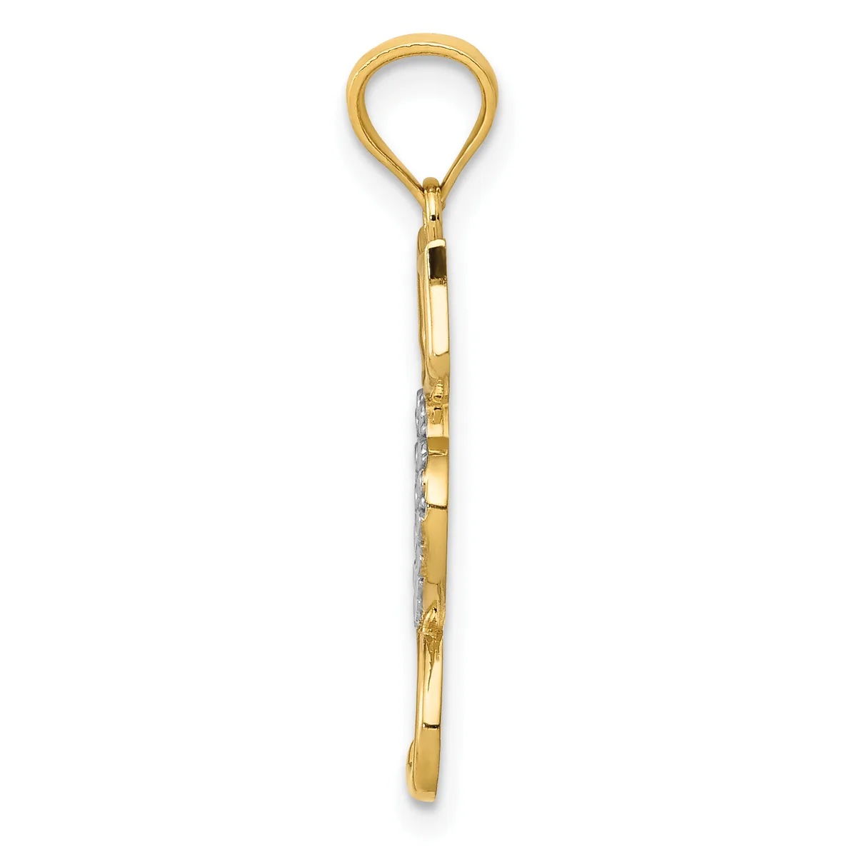 A gold pendant with a teardrop-shaped loop at the top and a long rectangular shaft decorated with white enamel sections and small gemstones.