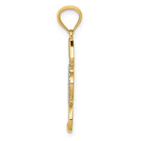 A gold pendant with a teardrop-shaped loop at the top and a long rectangular shaft decorated with white enamel sections and small gemstones.