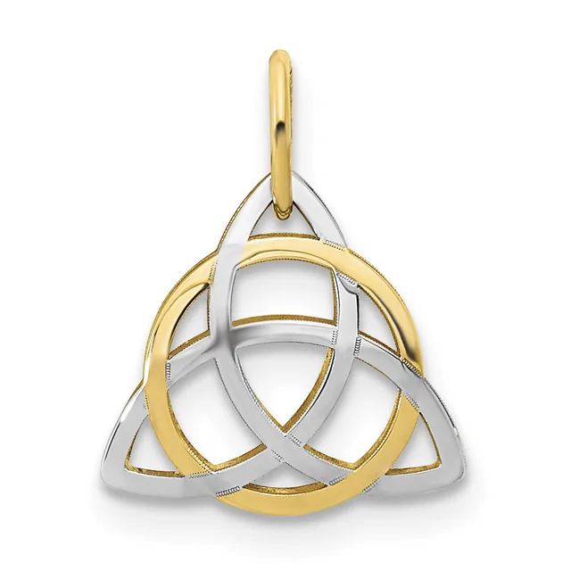 A two-tone gold and silver interlocking triangle pendant with a polished finish and a small loop bail at the top.