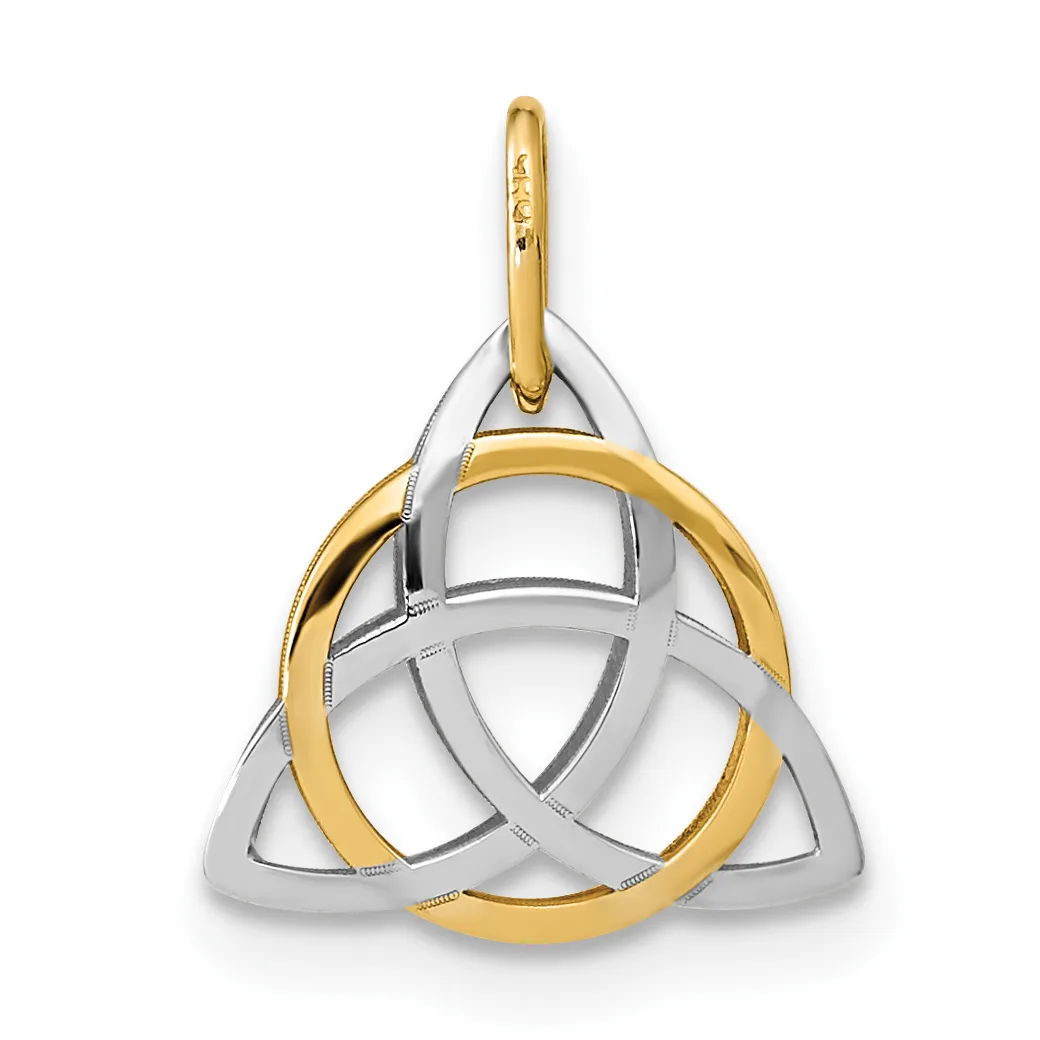 Two-tone gold and silver Celtic trinity knot pendant with interlocking triangular and circular designs, suspended from a gold bail.