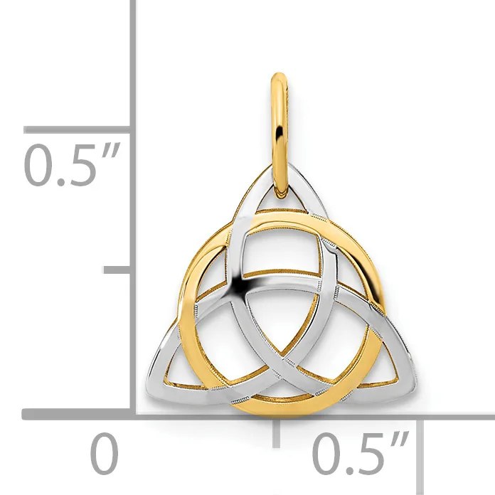 Two-tone gold and silver trinity knot pendant with interlocking triangular loops, shown at actual size of approximately half an inch.