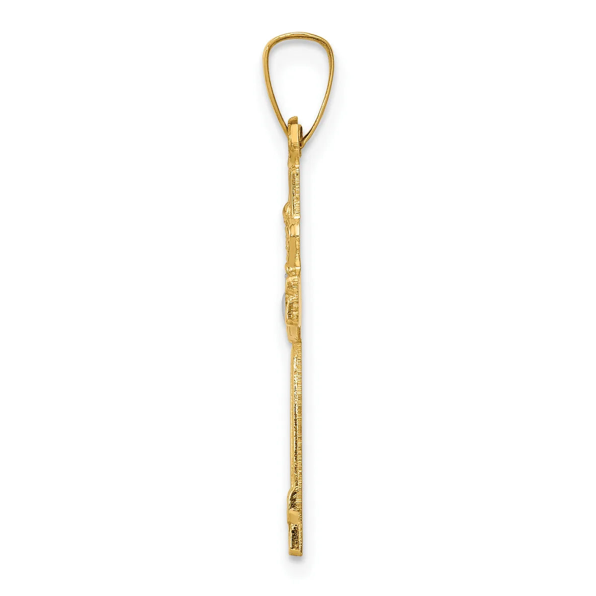 A long gold-colored metal pendant with a textured bamboo-like shaft and an open loop at the top.
