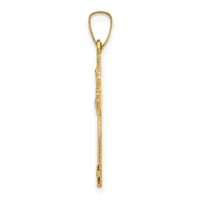 A long gold-colored metal pendant with a textured bamboo-like shaft and an open loop at the top.