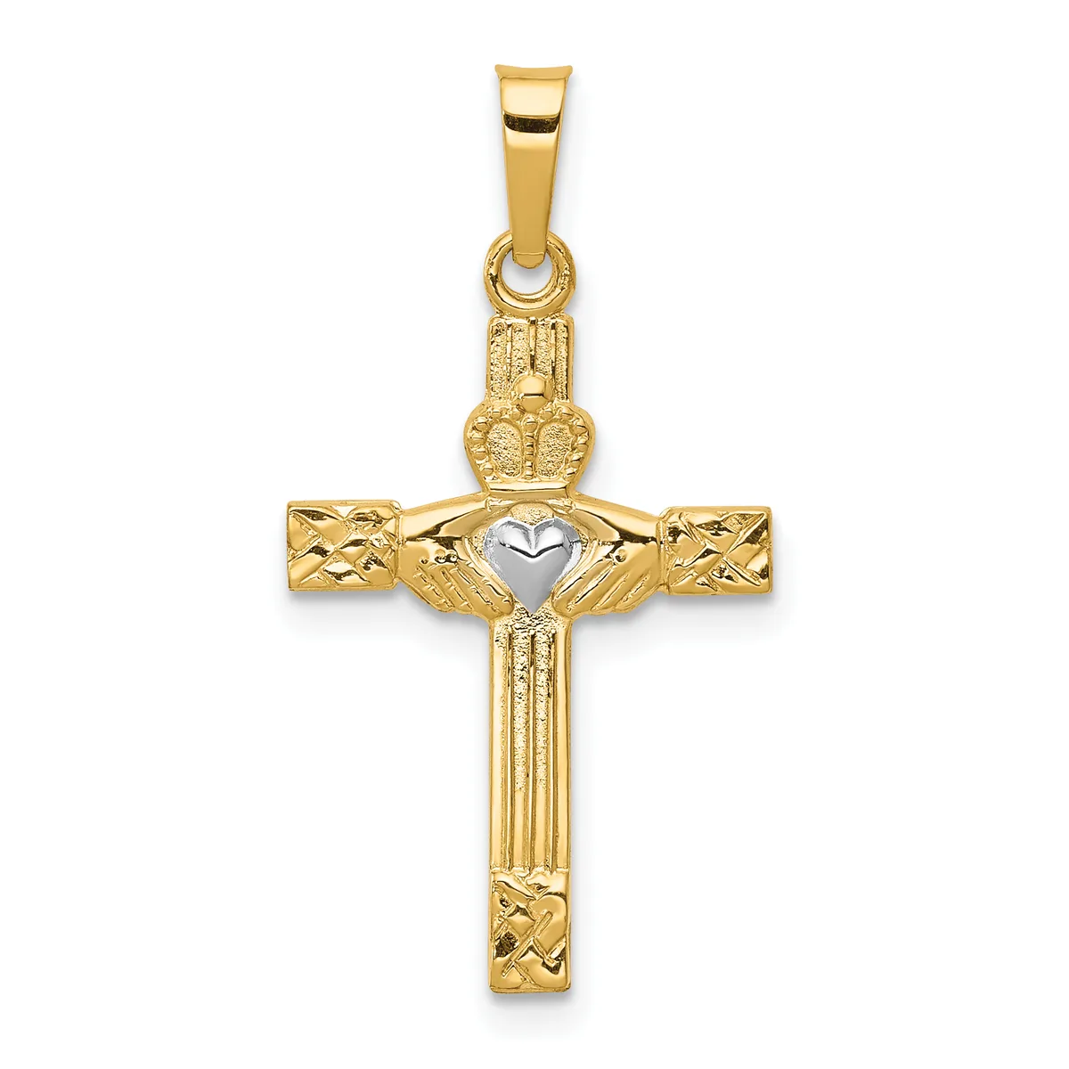 Gold cross pendant with textured arms, vertical ridged shaft, a small white heart at the center, and a crown with small hallmark at the top.