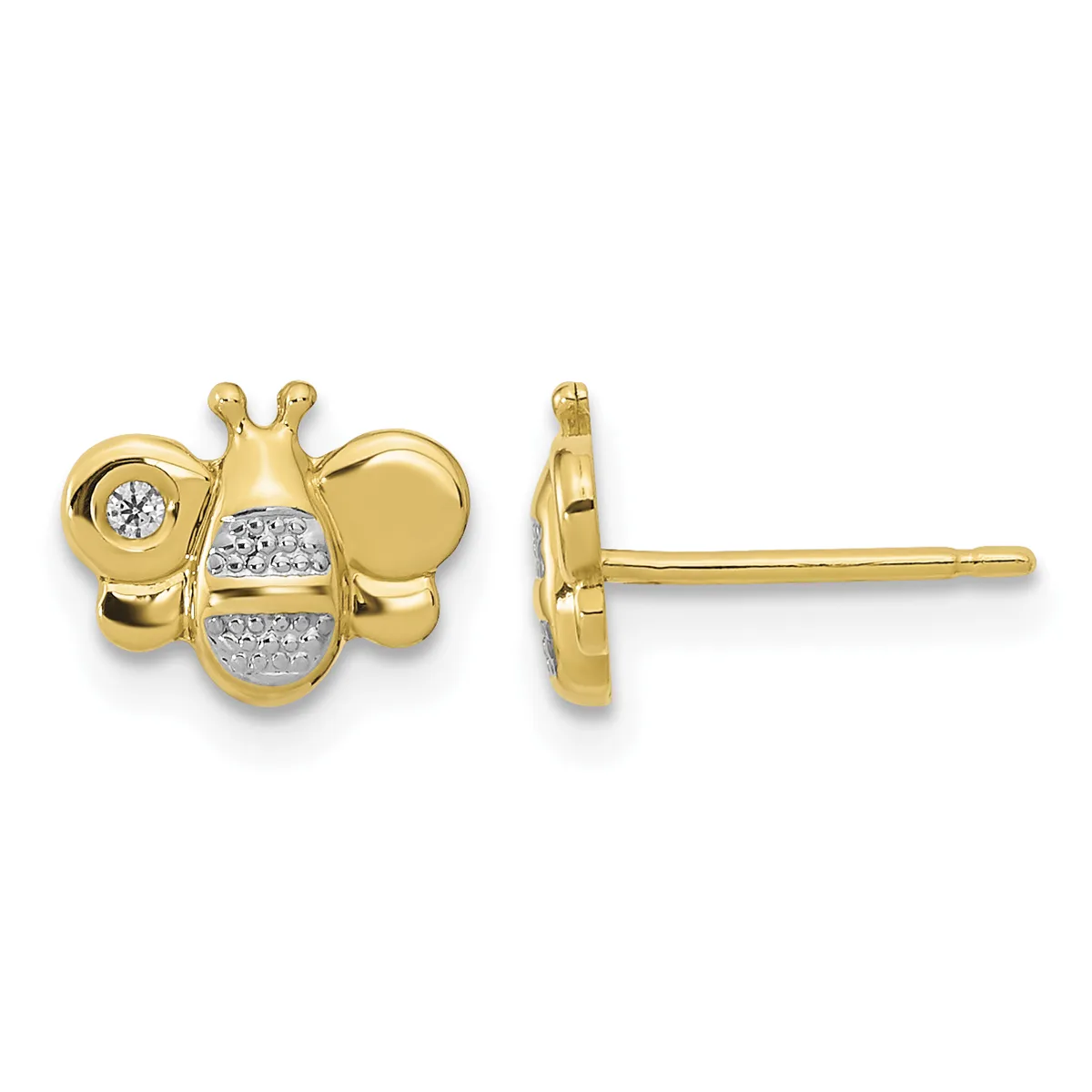 Pair of gold bee-shaped stud earrings with diamond accents on the wings and body, shown from front and side views.