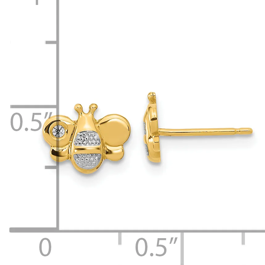 Gold bee-shaped stud earrings with diamond accents on the wings and body, shown from front and side views next to a measurement scale.