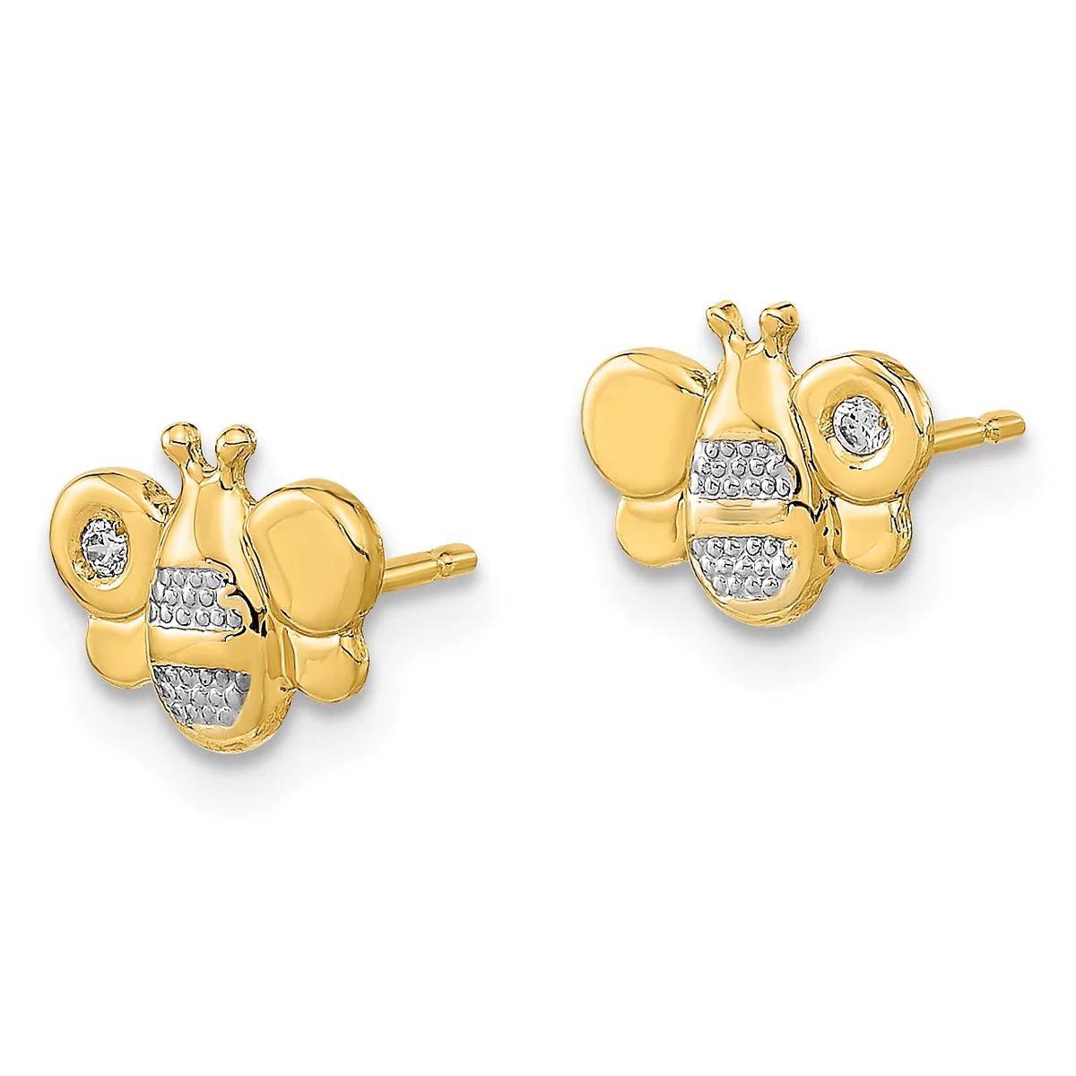 Pair of gold ladybug stud earrings with diamond and crystal accents, shown from front and back angles.