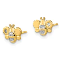 Pair of gold ladybug stud earrings with diamond and crystal accents, shown from front and back angles.