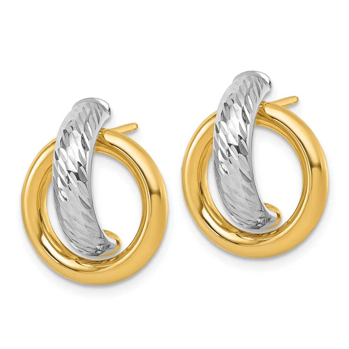 Pair of two-tone hoop earrings with yellow gold outer bands and white gold textured inner bands, shown from the front.