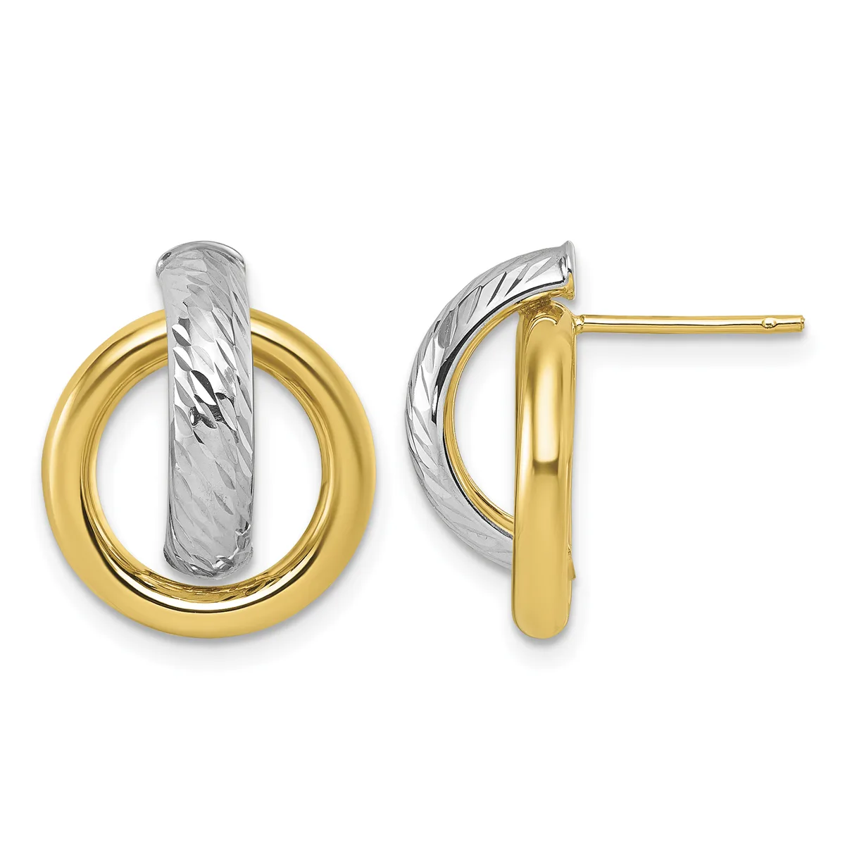 A pair of two-tone gold earrings featuring polished yellow gold circular hoops with textured white gold curved bars through the center, shown from front and side views.