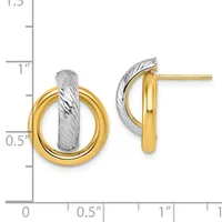 Pair of two-tone gold stud earrings featuring polished yellow gold circles with textured white gold curved bars across the center, displayed against a measurement scale.