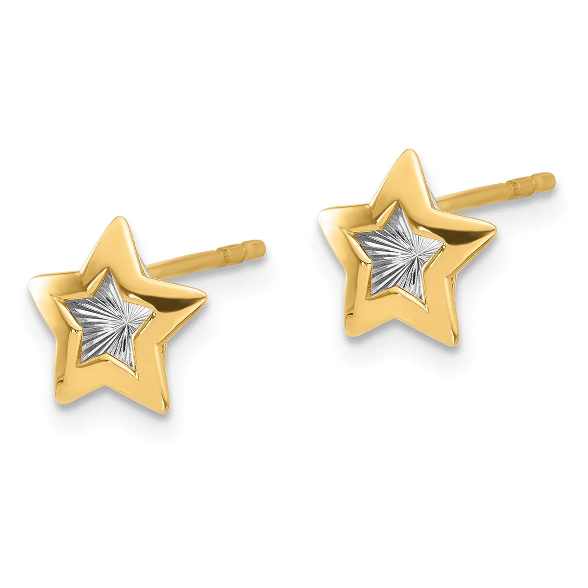 A pair of gold star stud earrings with white diamond-cut centers and gold posts.