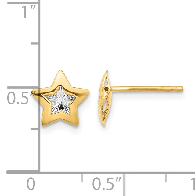 A pair of gold star-shaped stud earrings with white enamel centers, shown front and side view against a measurement scale.
