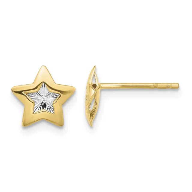 Pair of gold star stud earrings with textured white centers, shown from front and side views.