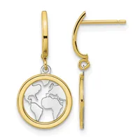 Gold-toned drop earrings with curved posts featuring circular pendants containing a silver-toned world map design.