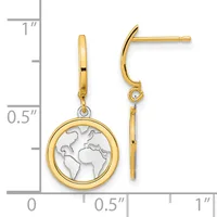 Two-tone gold and silver world map dangle earrings with gold hoops and posts, shown next to a measurement ruler.