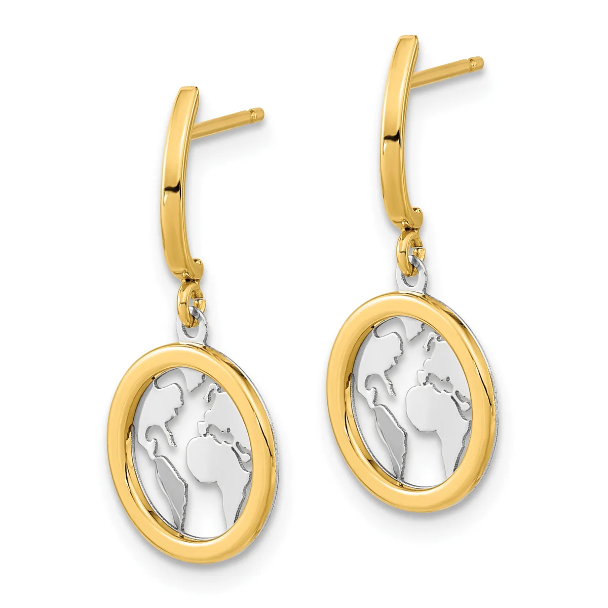 A pair of two-tone dangle earrings with gold curved posts attached to oval frames containing silver cameo profiles of a woman's head in left-facing profile.