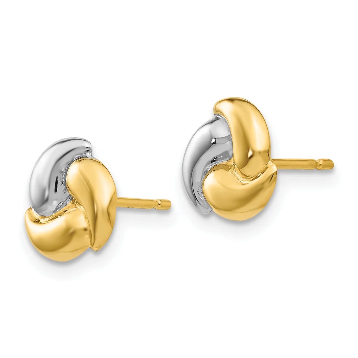 A pair of two-tone gold and silver chunky curved stud earrings with gold posts, shown from the front.