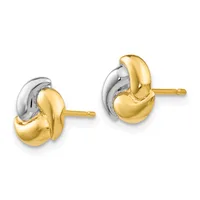 A pair of two-tone gold and silver chunky curved stud earrings with gold posts, shown from the front.