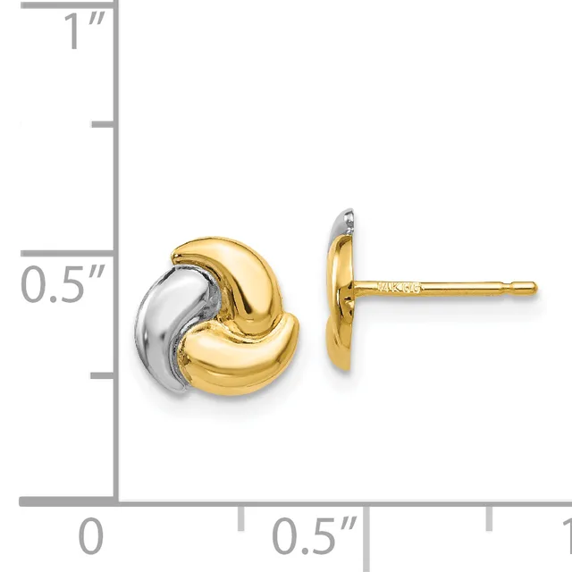 Two-tone gold and silver curved crescent stud earrings displayed next to a measurement ruler showing approximately half an inch in height.