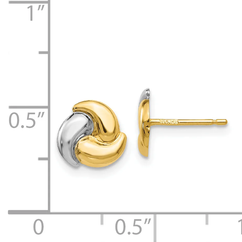 Two-tone gold and silver curved crescent stud earrings displayed next to a measurement ruler showing approximately half an inch in height.