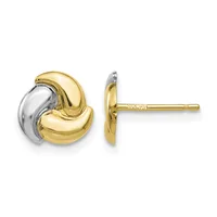 A pair of two-tone gold stud earrings with interlocking curved loops in yellow and white gold, shown from front and side views.