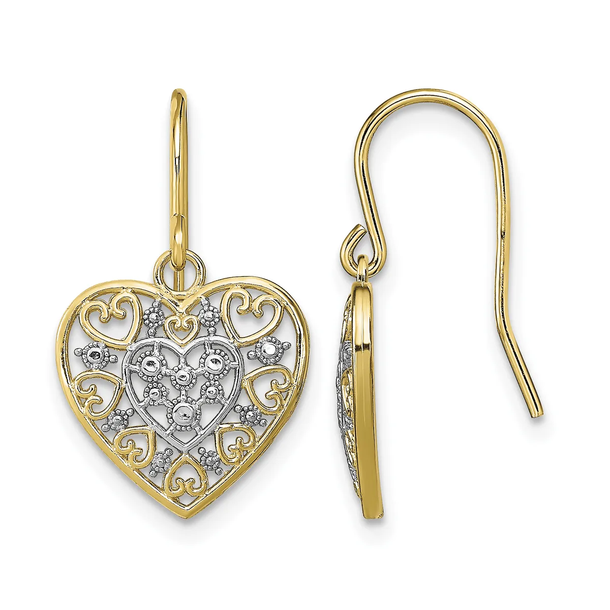 Pair of gold heart-shaped drop earrings with ornate scrollwork details and diamond accents, shown front and side view.