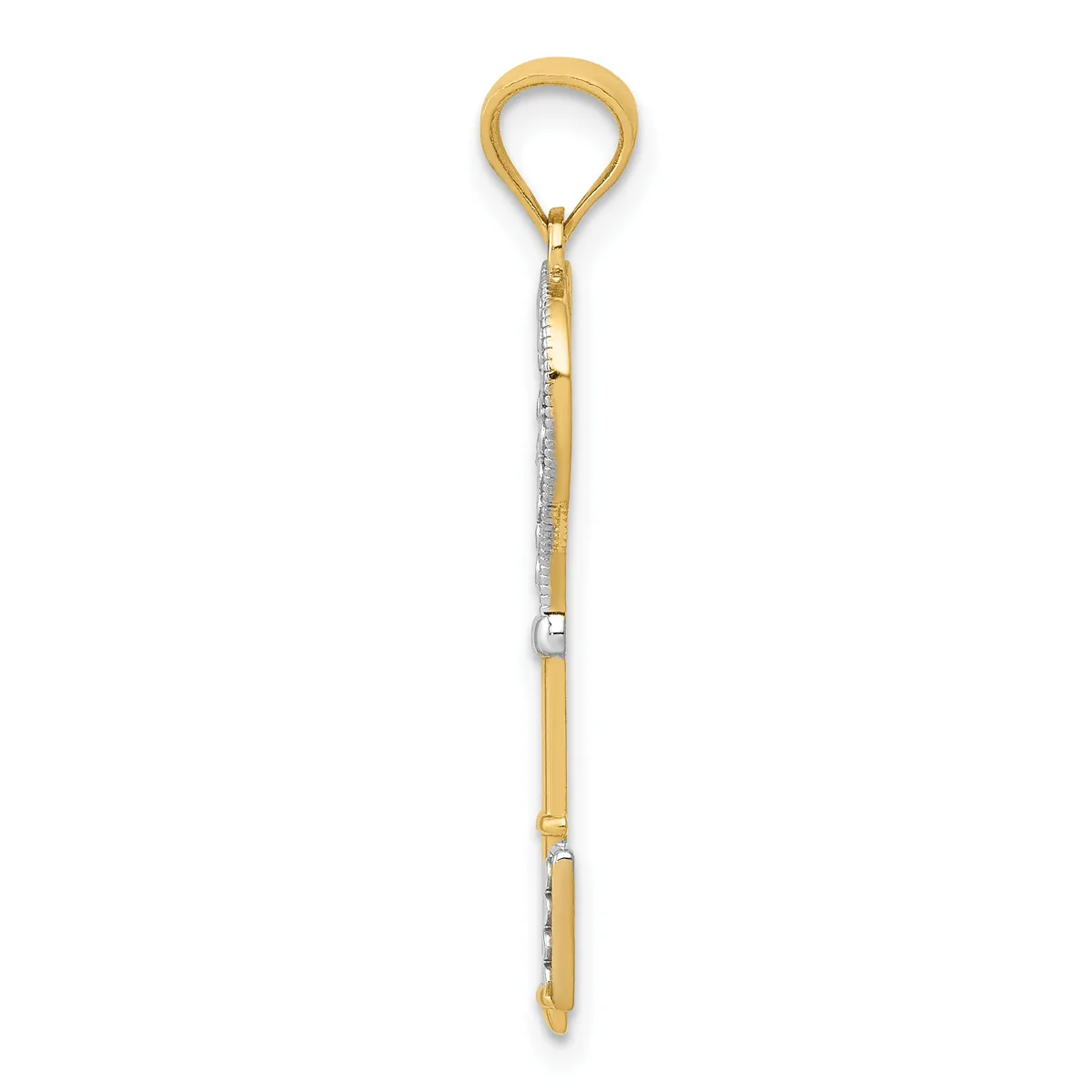 A long narrow gold-toned metal stake with a loop handle at the top and a pointed tip at the bottom, with a measuring scale printed along its length.