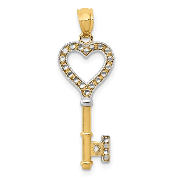 Gold heart-shaped key pendant with crystal rhinestones around the heart outline and small heart detail on the shaft, suspended from a gold bail.