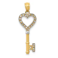 Gold heart-shaped key pendant with crystal rhinestones around the heart outline and small heart detail on the shaft, suspended from a gold bail.